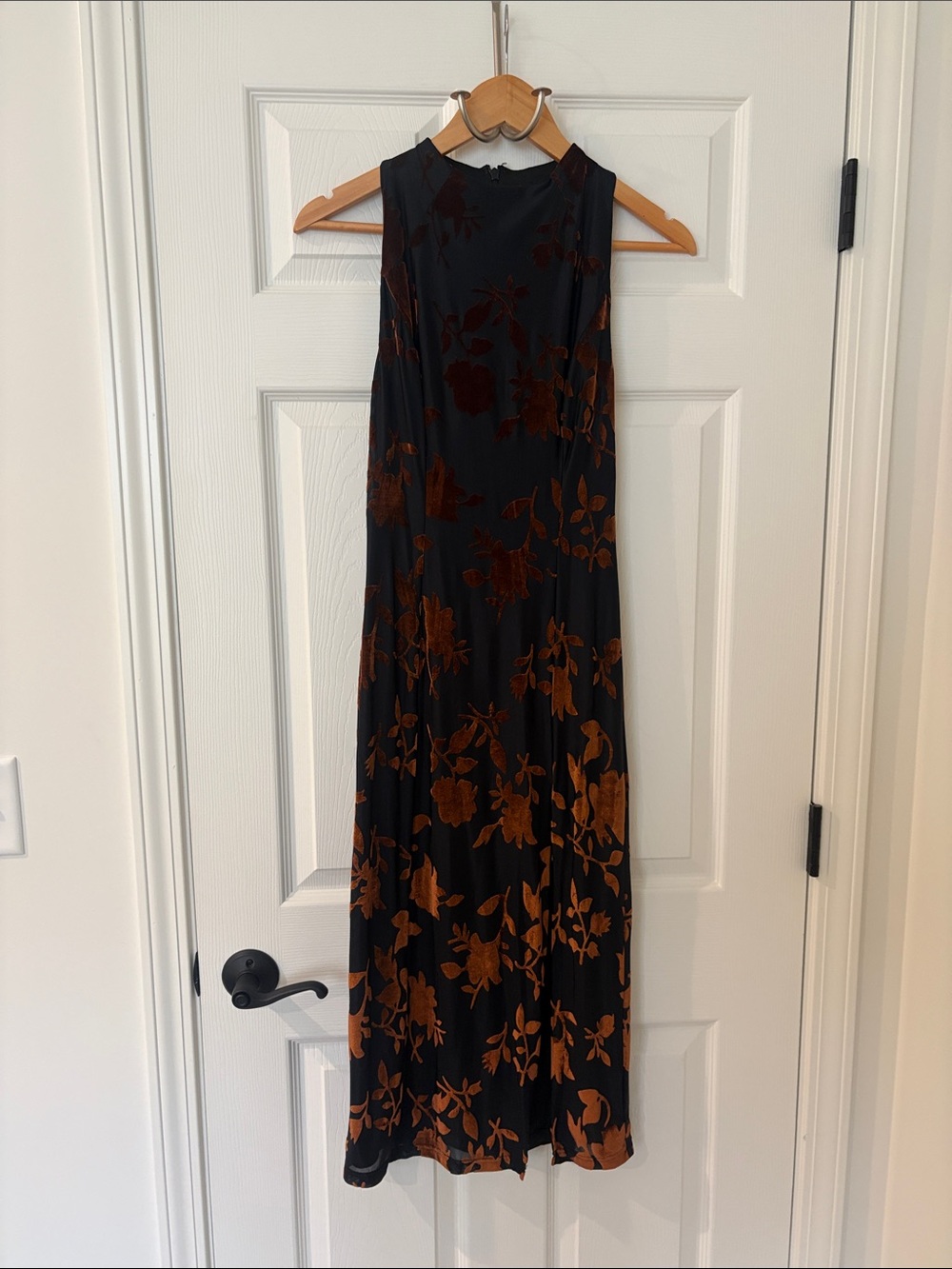 Sleeveless Black Dress with Rust Floral Print
